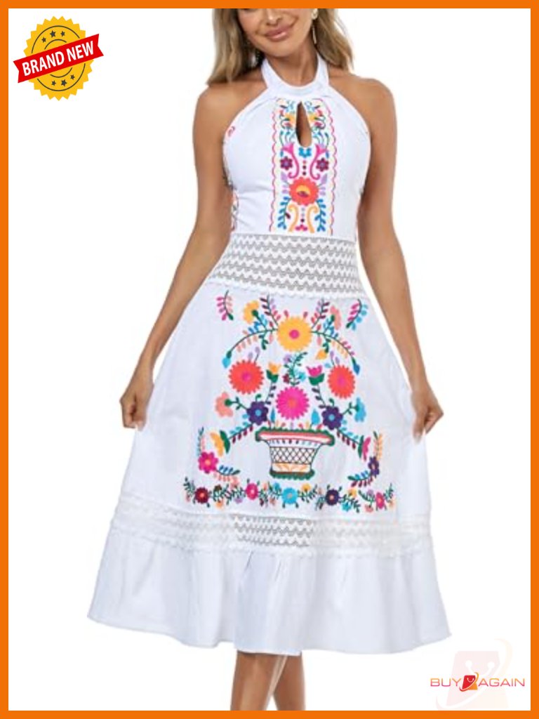 Embroidered Halter Neck Maxi Dress Casual Cocktail Date Night Sleeveless